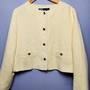 Zara Tweed Cropped Blazer With Gold Buttons, XL